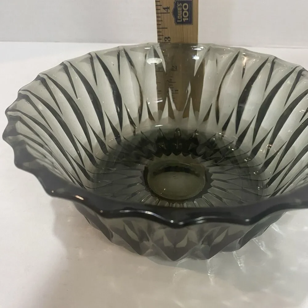 Vintage 2 Libbey Smoke Glass Serving Bowl 8” & 6” Diamond Scroll MCM Replacement